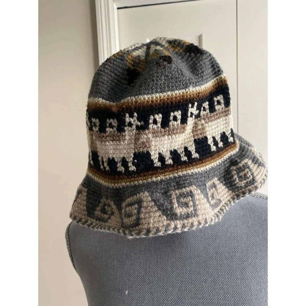 Crocheted Bucket Hat Llama Pattern Crochet Roll Up Handmade Rustic Alpaca s3